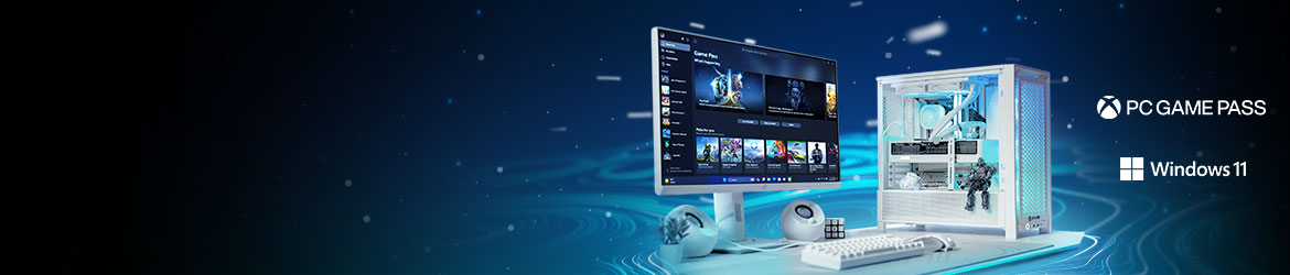 Os Seus Jogos em Todo o Lado Jogue centenas de jogos para PC no seu novo sistema PCSpecialist com 1 mês de Game Pass para PC*
